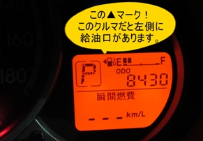 ガソリンの給油装置のアイコンの横に三角マークがあります。これが給油口の位置を示しています。